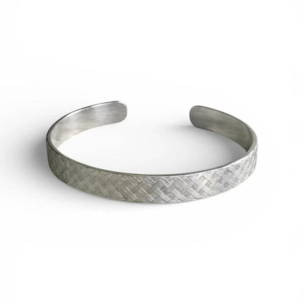 Brushed sterling silver woven tartan plaid pattern open cuff bangle bracelet.
